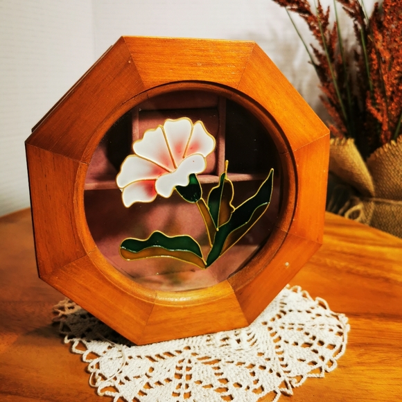 Vintage Octagonal Wooden Jewelry Box with Faux Stained Glass Lid - Picture 10 of 16